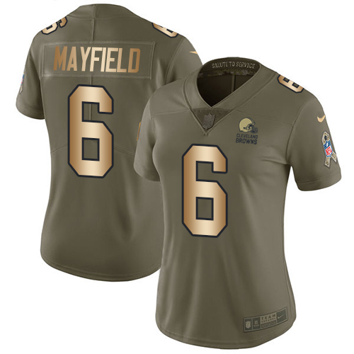 Nike Browns #6 Baker Mayfield Olive/Gold Women's Stitched NFL Limited Salute to Service Jersey